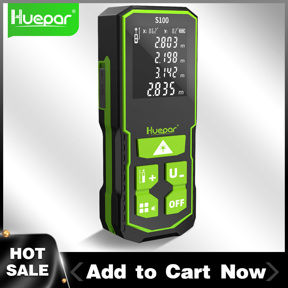 Industrial Laser Tape Measure - Huepar-デジタルレーザー距離計328ft/100m,LCD電子デュアルアングルツール,エリアとボリューム測定機能付き
